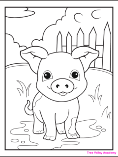 A printable muddy pig coloring page for kids. The cute pig is standing in a mud puddle. There's also grass, a fence, bushes and trees and a sky to color.