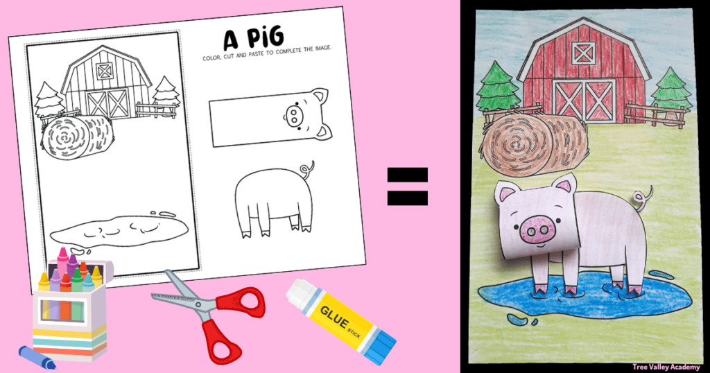 Supplies for a pig craft for preschoolers. A one page free printable pig craft, crayons, scissors, and a glue stick are all that's needed. The finished product will have the coloured pig cut and pasted onto a farm themed background. The picture has a barn, hay, fence, trees, and a mud puddle. The 3D pigs head is made by gluing 2 ends of the head together.