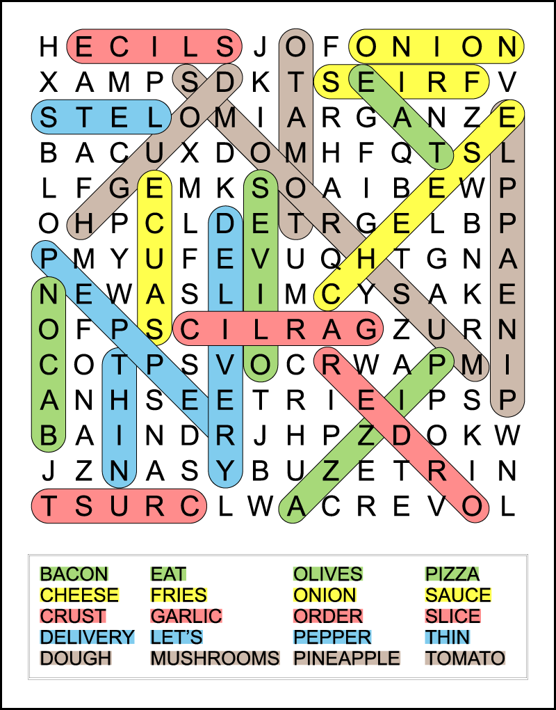 A color-coded pizza word search answer key.