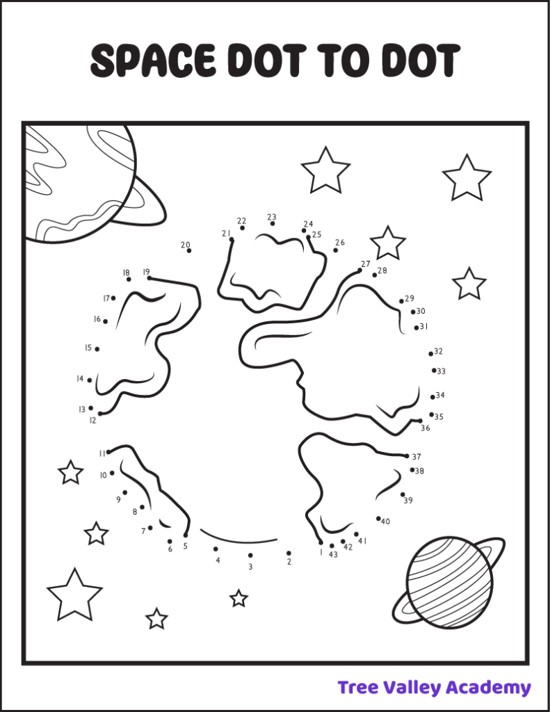 Free printable space themed planets connect the dots 1 to 43 coloring page for kids. There are 3 planets, 2 with rings, and 9 stars for kids to color.