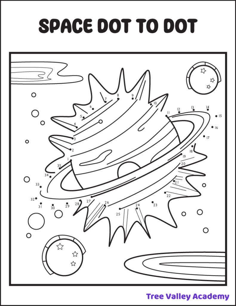Free printable space themed planets dot to dot 1-35 coloring page for kids.