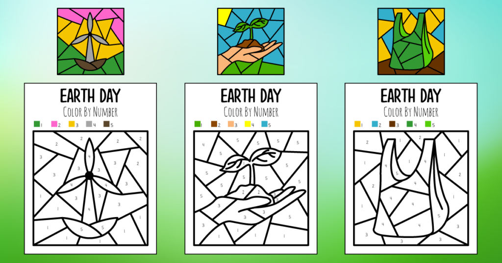 3 printable preschool Earth Day color by number coloring pages. Each printable has numbers from 1-5. There's a picture of a windmill, a hand holding dirt and a sprouting plant, and a reusable shopping bag.