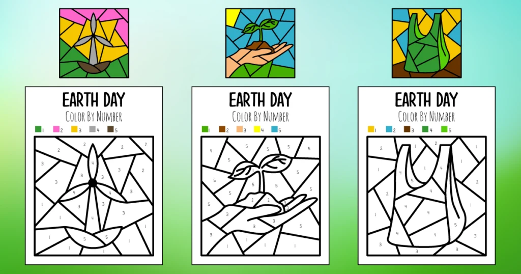 3 printable preschool Earth Day color by number coloring pages. Each printable has numbers from 1-5. There's a picture of a windmill, a hand holding dirt and a sprouting plant, and a reusable shopping bag.