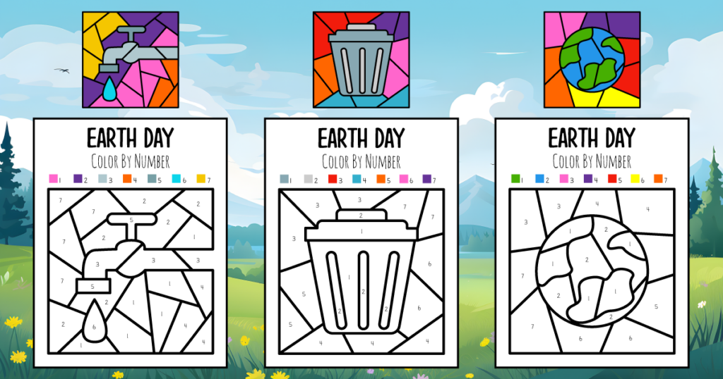 3 printable preschool Earth Day color by number 1-7 coloring pages. There's a picture of a faucet with a drop of water, a garbage can, and the Earth.