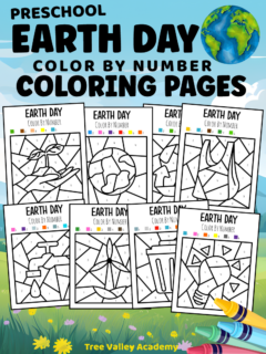 8 free printable preschool Earth Day color by number coloring pages. Kids can color a picture of a reusable shopping bag, a lightbulb, the recycling symbol, the Earth, a garbage can, a wind turbine, a faucet with a water drop, and a hand holding dirt and a seedling.