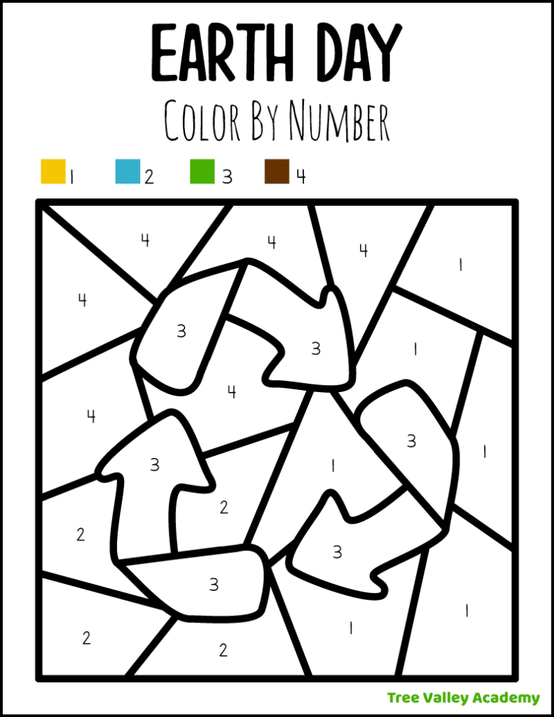 A printable preschool Earth Day recycling color by number 1-4 coloring page.