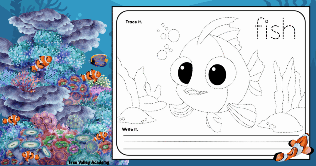 Printable fish tracing worksheet for preschool and kindergarten with a trace, color, and write activity with a cute fish.