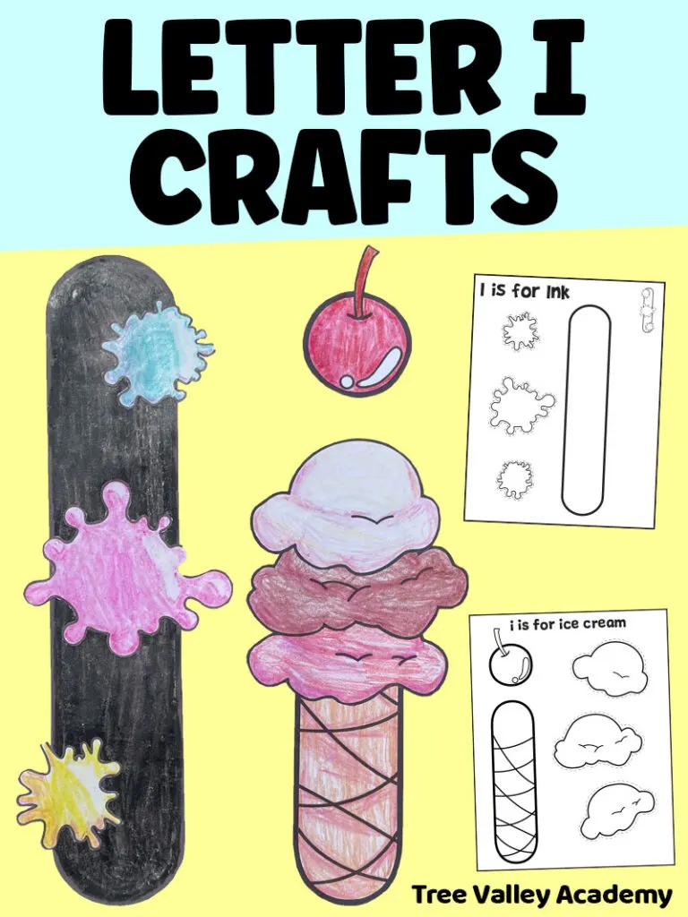 Completed uppercase and lowercase letter I crafts for preschoolers with printable templates