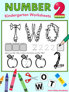 Number 2 kindergarten worksheets. Printables are black and white and have a fruit and vegetable theme. Children will color images of an apple core, green onion, peas, and blueberries that are in the shape of the letters that make the number word two. There's also a pepper, mushroom, and parsnip to color that form the number 2 in digits. Children will also be given the letters O, W, & T to unscramble and paste in the correct order. There's 5 spots to trace the number 2 with another spot for kids to write a 2 independently. And there are 3 apples side by side where kids can write the numbers that come before and after the number 2.