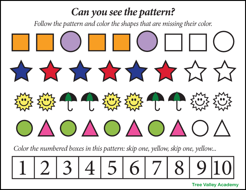 A preschool pattern worksheet. There are 5 patterns for kids to follow the pattern and color the shapes that are missing their color.