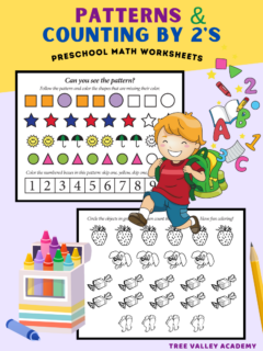 Patterns & Counting by 2's preschool math worksheets. The with color pattern worksheets will have kids follow the pattern and color the shapes that are missing their color. The all black and white skip counting by 2's worksheet will ask children to circle the objects in group of 2, then count the objects by 2. Images of strawberries, dogs, candies and feet can be colored if desired.