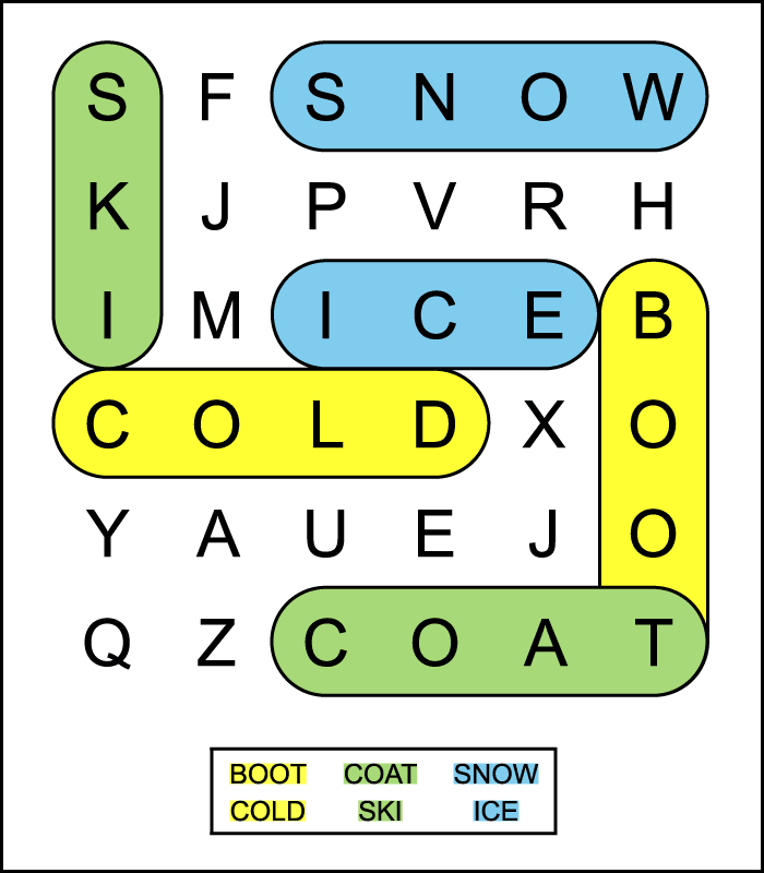 A color-coded preschool winter word search answer key.