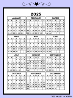 A free printable one page 2025 calendar with all 12 months and 365 days.