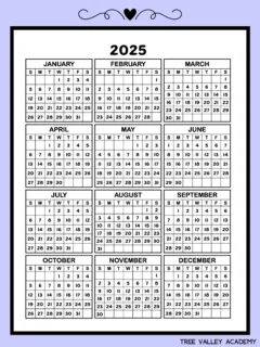 A free printable one page 2025 calendar with all 12 months and 365 days.