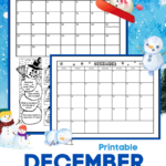Printable December calendar & calendar worksheets for kids. There's a full page black and white blank December calendar, and a black and white December calendar worksheet for 1st or 2nd graders. The calendar's header is decorated with snowflakes. There is also a place on the printable calendar to write notes. The calendar worksheet has a snowman theme. The top half of the page has a December calendar. The bottom half has 19 calendar questions to answer written in images of snowmen.