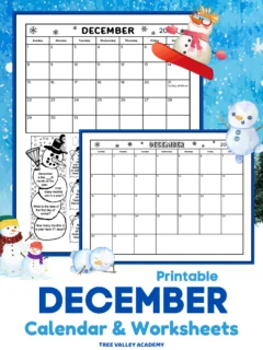 Printable December calendar & calendar worksheets for kids. There's a full page black and white blank December calendar, and a black and white December calendar worksheet for 1st or 2nd graders. The calendar's header is decorated with snowflakes. There is also a place on the printable calendar to write notes. The calendar worksheet has a snowman theme. The top half of the page has a December calendar. The bottom half has 19 calendar questions to answer written in images of snowmen.