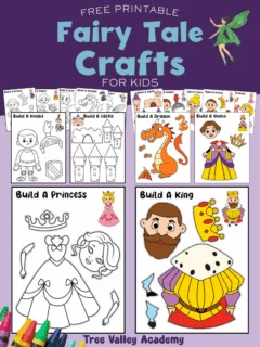 Printable fairy tale cut and paste crafts for kids featuring a build-a-princess, dragon, castle, knight, king, queen, fairy, and prince coloring and assembly activity