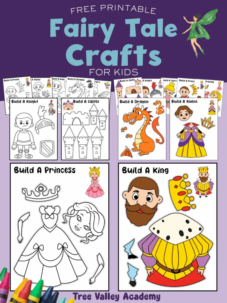 Printable fairy tale cut and paste crafts for kids featuring a build-a-princess, dragon, castle, knight, king, queen, fairy, and prince coloring and assembly activity