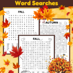 Free printable fall word searches. 3 black and white puzzles, each decorated with cute autumn themed images. There's an easy, medium, and difficult fall word search puzzle.