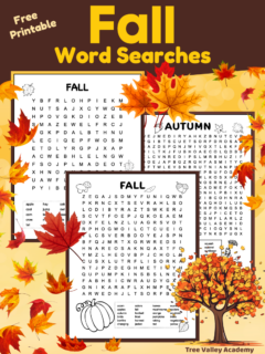 Free printable fall word searches. 3 black and white puzzles, each decorated with cute autumn themed images. There's an easy, medium, and difficult fall word search puzzle.