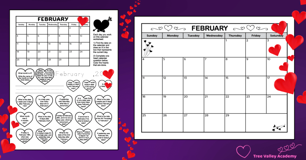 A black and white printable February calendar in landscape format. The blank calendar has a Sunday start, is decorated with pretty hearts, and has a spot for notes. And February calendar worksheets for 1st & 2nd grade.