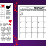 A black and white printable February calendar in landscape format. The blank calendar has a Sunday start, is decorated with pretty hearts, and has a spot for notes. And February calendar worksheets for 1st & 2nd grade.