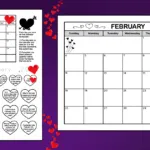 A black and white printable February calendar in landscape format. The blank calendar has a Sunday start, is decorated with pretty hearts, and has a spot for notes. And February calendar worksheets for 1st & 2nd grade.