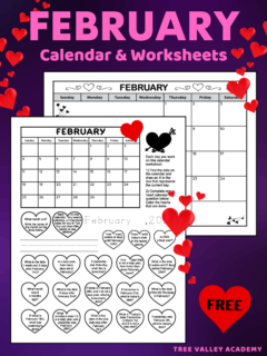 A printable February calendar and kids worksheets for grades 1 and 2. The full page blank monthly calendar for the month of February is decorated with hearts and has space to write notes. The black and white printable worksheet has a calendar of the month and 20 calendar questions written in a heart shape. It's a coloring worksheet where kids can color the hearts of questions they've answered. There are also spots for kids to write and trace the current date.