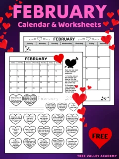 A printable February calendar and kids worksheets for grades 1 and 2. The full page blank monthly calendar for the month of February is decorated with hearts and has space to write notes. The black and white printable worksheet has a calendar of the month and 20 calendar questions written in a heart shape. It's a coloring worksheet where kids can color the hearts of questions they've answered. There are also spots for kids to write and trace the current date.