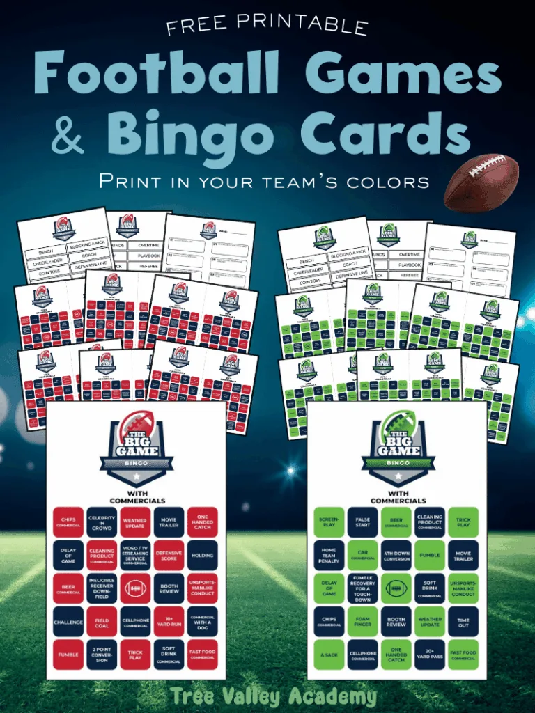 Free printable football bingo cards and game activities in New England Patriots and Seattle Seahawks colors, including bingo, charades, and Super Bowl predictions.