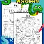 2 black and white printable letter S sound alphabet worksheets for kindergarten and 1st grade