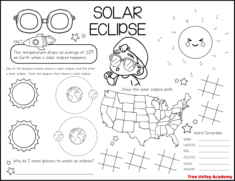 A full page printable solar eclipse activity for kids of all ages. There's a coloring activities, a word scramble, a connect the dots, tic tac toe, fun facts, a lunar eclipse vs solar eclipse coloring activity, and a spot or kids to draw the solar eclipse path.