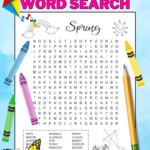 A black and white printable spring word search for kids. There are 21 hidden words for kids to find in a 17 X 17 grid of uppercase letters. There are images on the puzzle that kids can color if they wish to. There's an image of a happy girl flying a kite, a sun, and a rainbow with clouds.