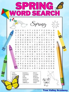 A black and white printable spring word search for kids. There are 21 hidden words for kids to find in a 17 X 17 grid of uppercase letters. There are images on the puzzle that kids can color if they wish to. There's an image of a happy girl flying a kite, a sun, and a rainbow with clouds.