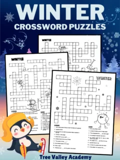 Free printable winter crossword puzzles for kids.