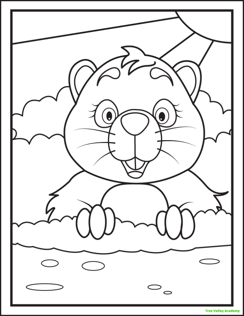 A printable groundhog coloring page. A cute cartoon groundhog looking out of his hole. The background has a shining sun with rays and shrubs.
