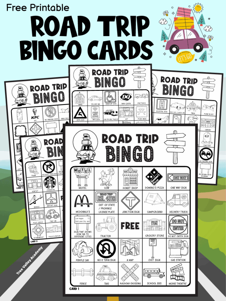Five printable black and white road trip bingo cards for kids and families with the text "Free Printable Road Trip Bingo Cards".
