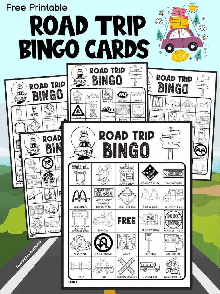 Five printable black and white road trip bingo cards for kids and families with the text "Free Printable Road Trip Bingo Cards".