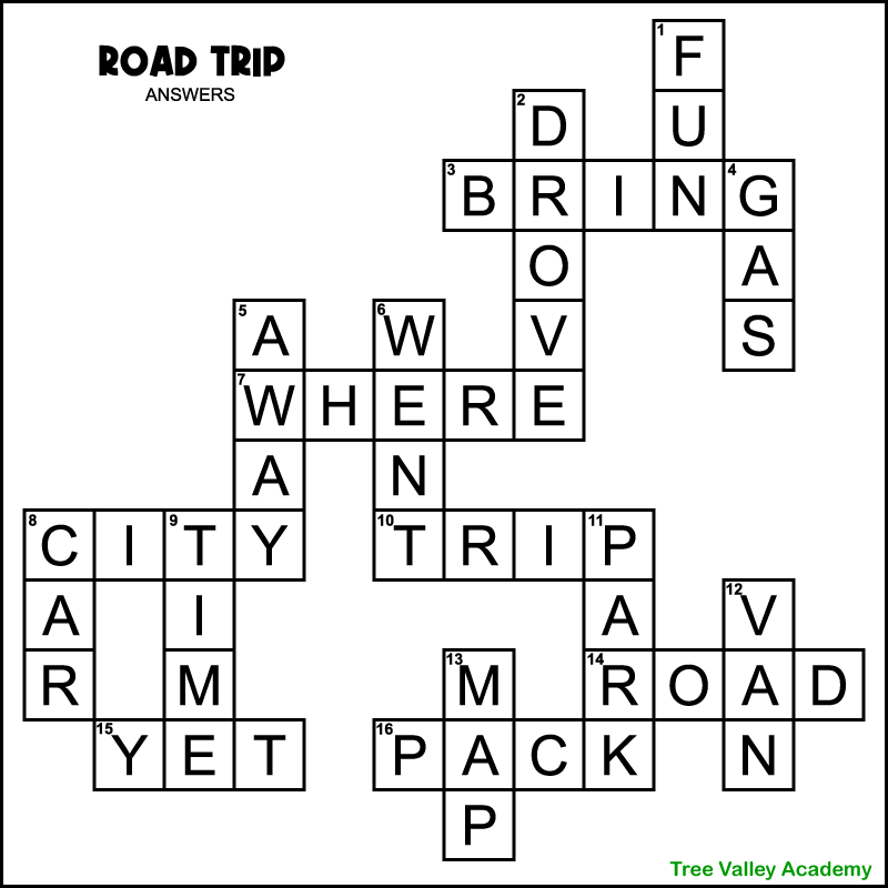 Answer key for a printable easy road trip crossword puzzle. The answers down are: fun, drove, away, went, car, time, park, van, and map. The answers across are: bring, where, city, trip, yet, pack, and road.