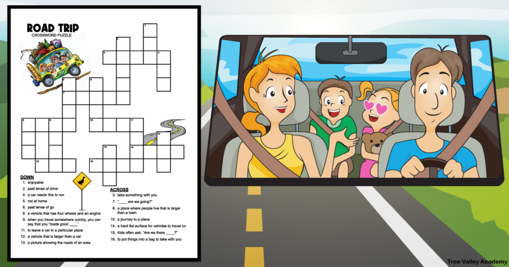 A full page printable road trip crossword puzzle for kids. There are 10 clues down and 7 clues across to solve. The puzzle is decorated with images of a road sign, a road, and a family on a road trip.