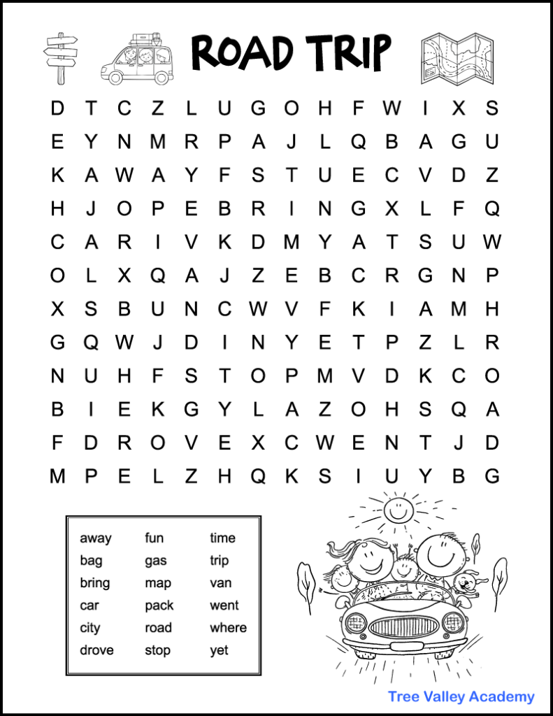 A black and white printable road trip word search for kids. There are 18 road trip themed words to find. They are at a 1st and 2nd grade spelling level. The words are hidden in a 12 X 14 grid of uppercase letters. The puzzle is decorated with images that kids can color. There are pictures of a map and road signs and 2 pictures of a family traveling in a car.