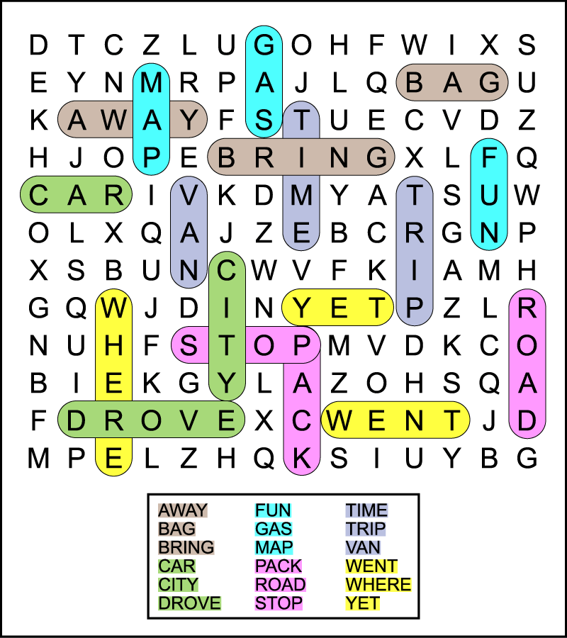 A color-coded 2nd grade road trip word search answer key. There are 18 hidden words in a 12 X 14 grid of uppercase letters.