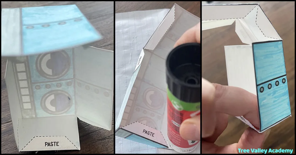 The gluing step of a robot craft for kids.