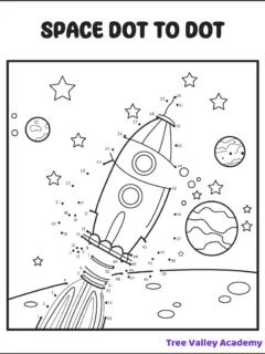 A free printable space themed rocketship connect the dots 1 to 54 coloring page for kids.