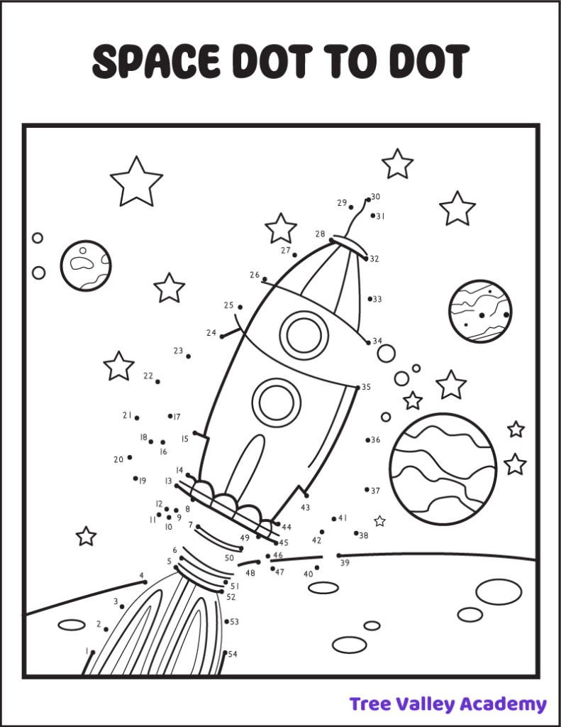 A free printable space themed rocketship connect the dots 1 to 54 coloring page for kids.