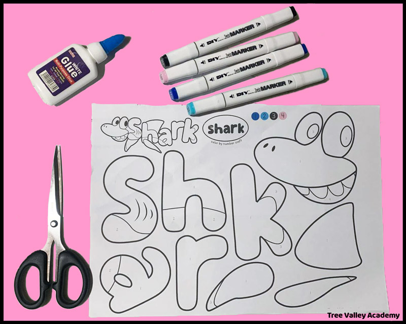 The supplies needed for the S is for Shark craft for kids are scissors, glue, a 4 crayons or markers (black, light pink, dark blue, and light blue), and the printable color by number coloring page.