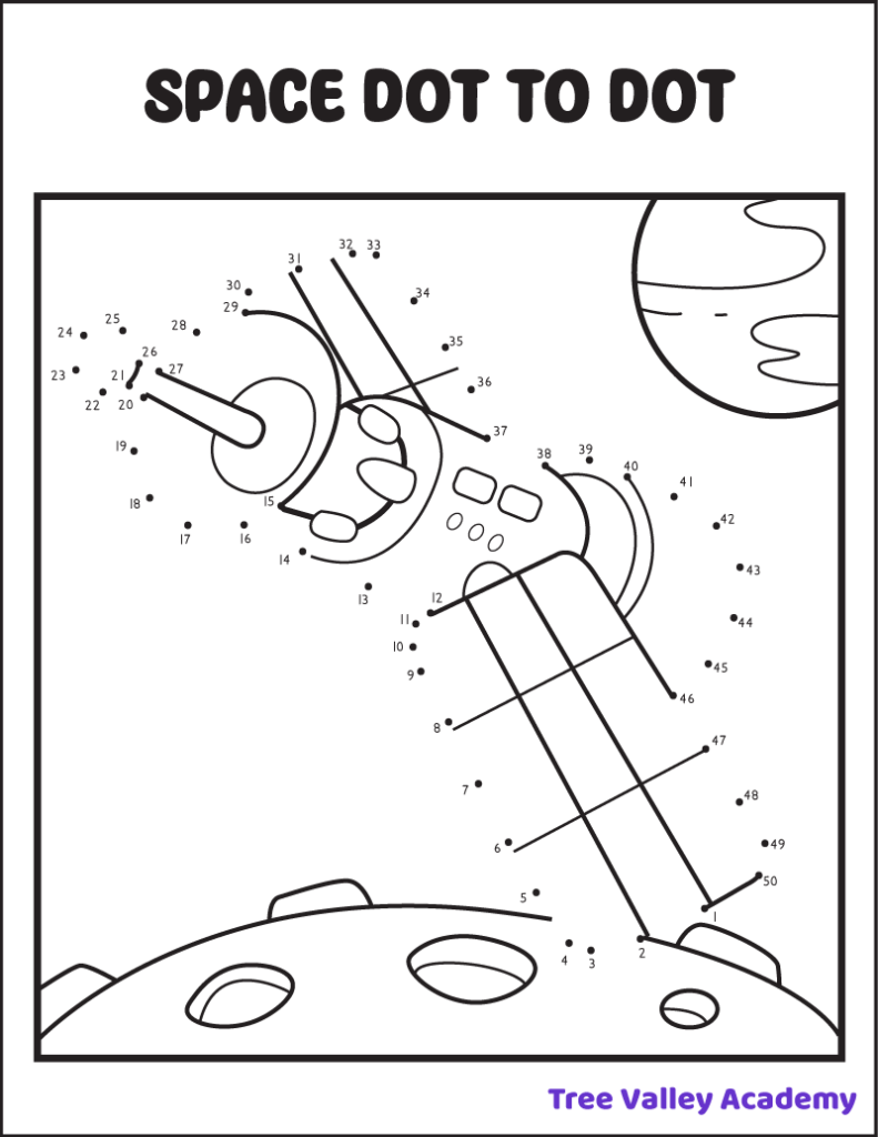 Free printable satellite connect the dots 1-50 coloring page for kids. The space coloring page has a satellite and 2 planets to color.