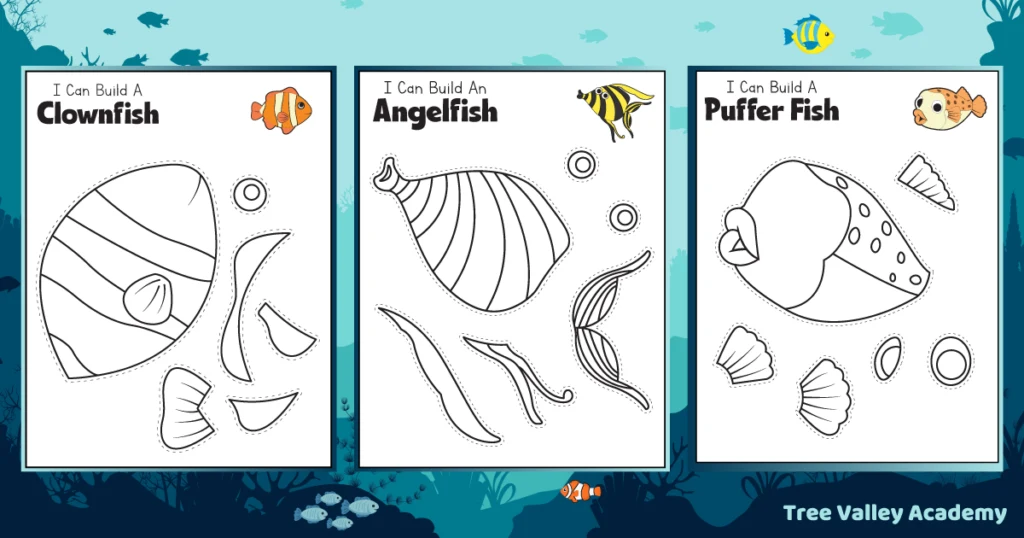 3 fish coloring pages: a clownfish, an angelfish, and a pufferfish. The fish is broken into different parts of the fish to color. After coloring kids will need to cut the pieces out and build the fish. There's a small colored image of the fish in the top right of each page for reference.