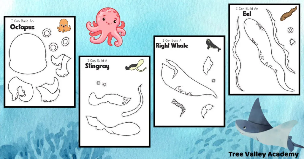 4 sea animal coloring pages: an octopus, a stingray, a Right Whale, and an eel. Each page has different isolated parts of the sea animal to color. The coloring pages have a small colored image of the ocean animal in the top right of each page for reference. After coloring kids will build their animal by cutting and pasting the different parts together.