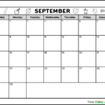 A full page black and white printable calendar for the month of September 2024. The header has a fall theme and is decorated with acorns, leaves, and apples. There is a blank area to write notes in.